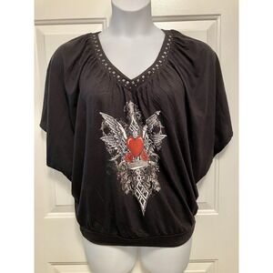 LA Class Graphic Bling Top Shirt Women's Size M Tattoo Large Boho Biker Studded